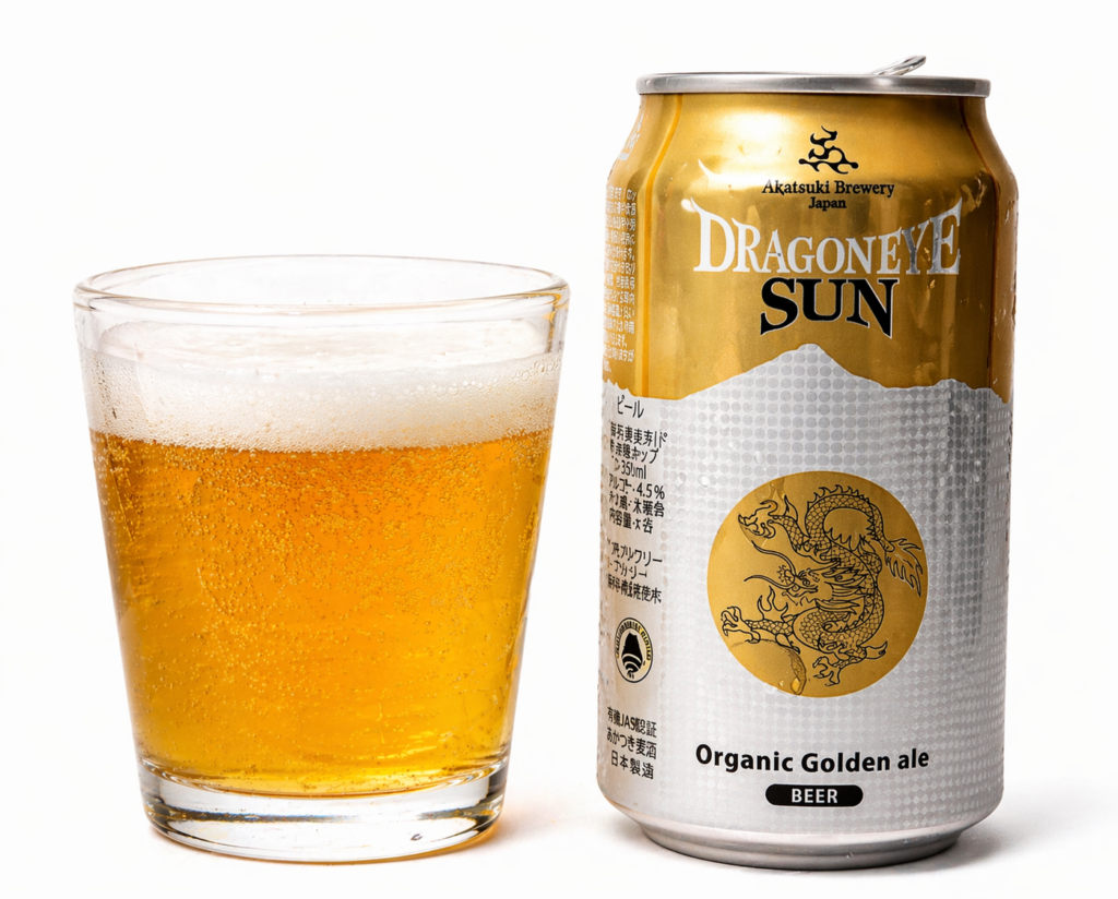 ドラゴンアイサンのビール缶とグラスに注いだ黄金色のビール