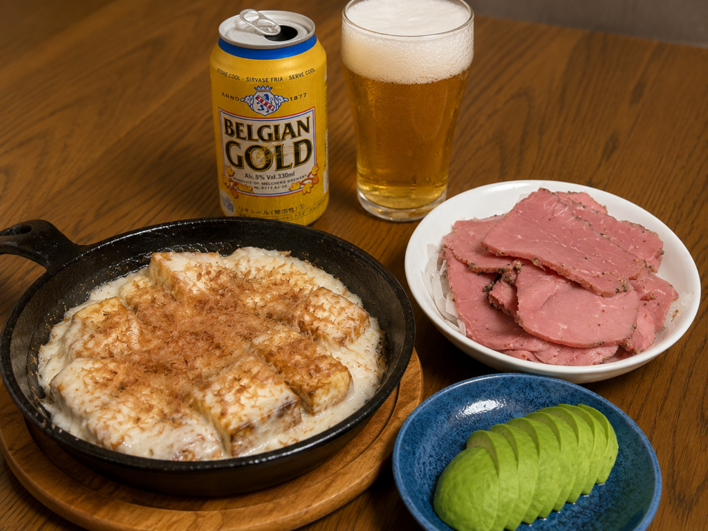 コストコのベルジャンゴールドを合わせた厚揚げのとろろ焼き家飲み