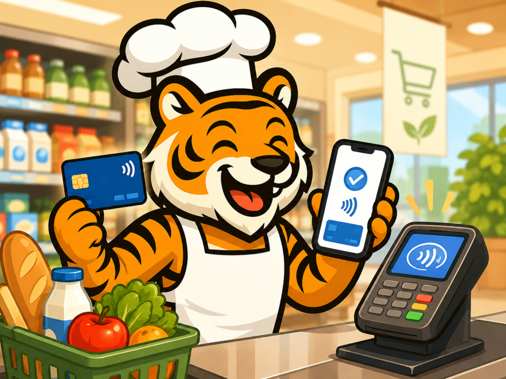 クレジットカードとスマホ決済で買い物をするトラのイラスト