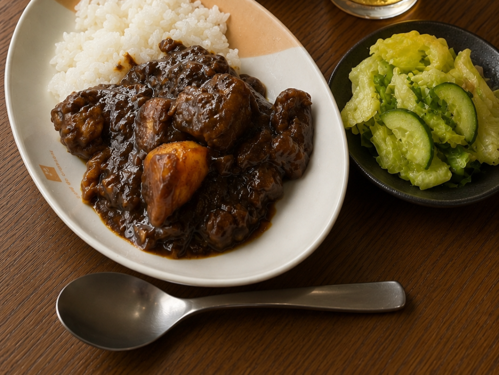 牛すじがゴロゴロ入った濃厚カレーとサラダ