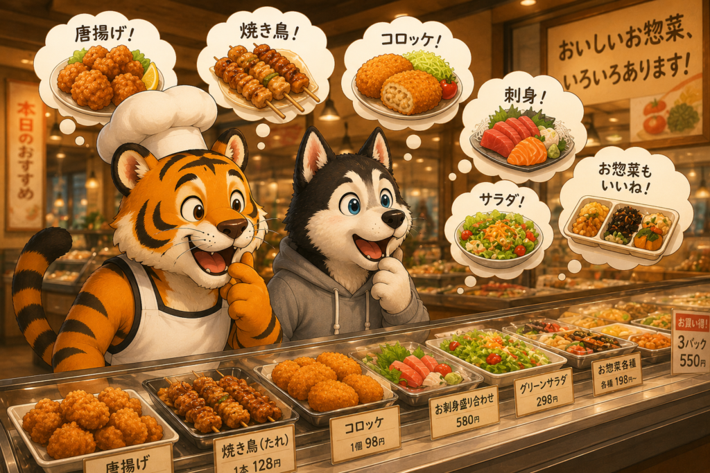 週末のショッピングモールで買って帰る惣菜選びに迷う虎とハスキーのイラスト
