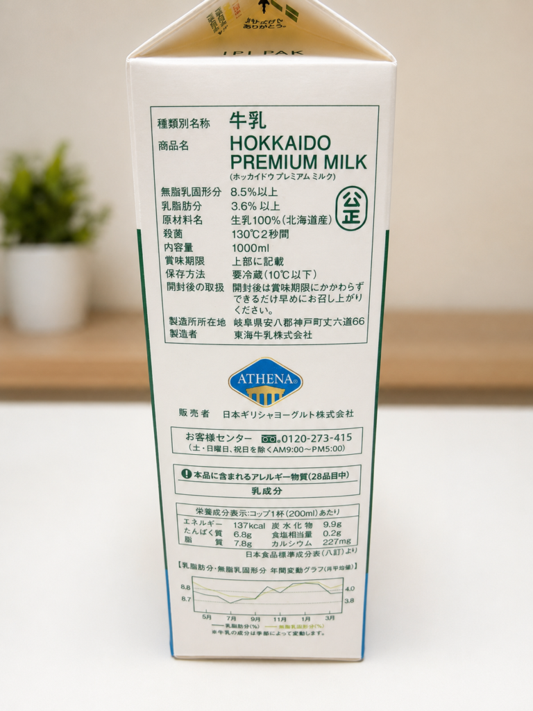 北海道プレミアムミルクの成分表示と乳脂肪分