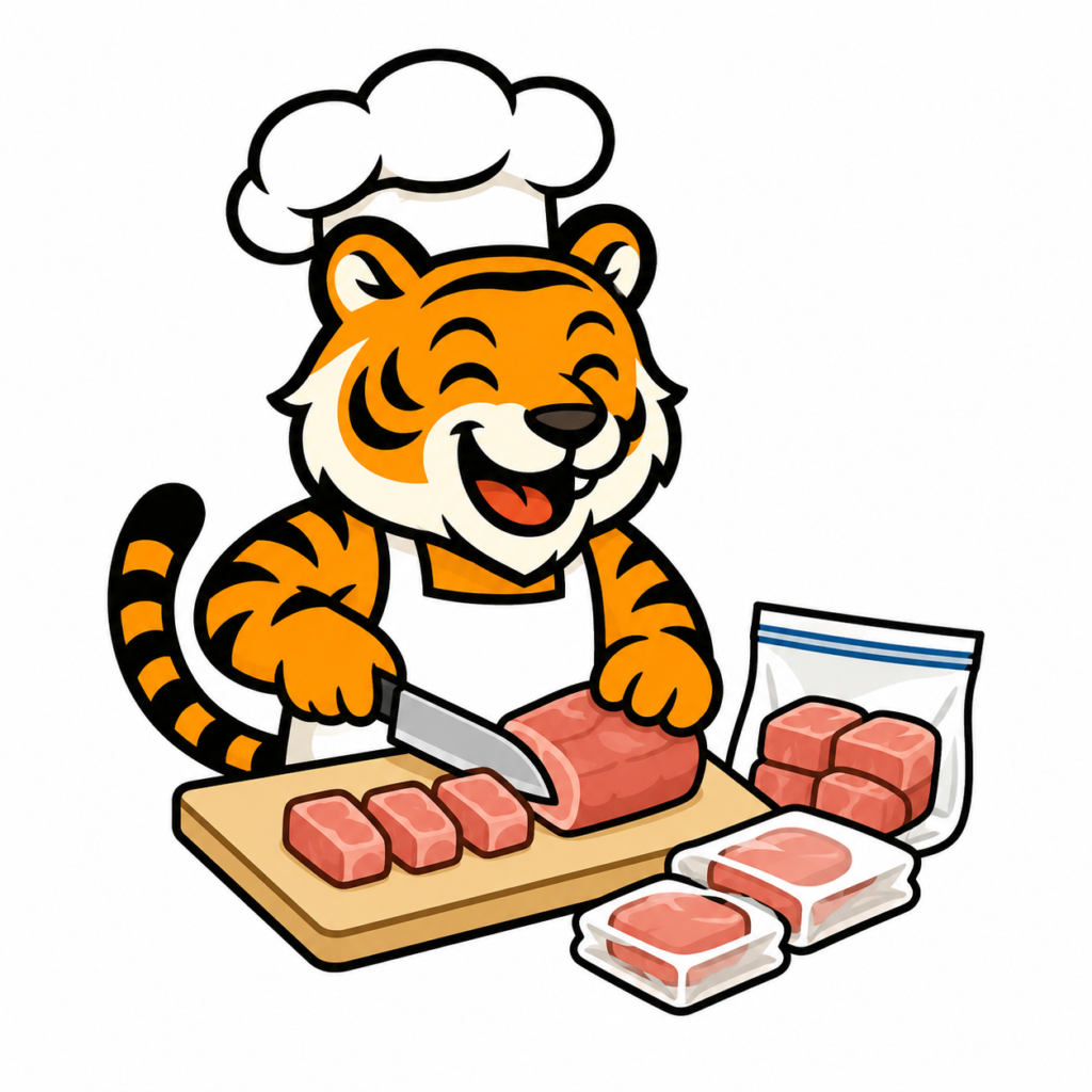 コストコで買った肉を使いやすく切り分けて冷凍前の準備をする虎キャラクター