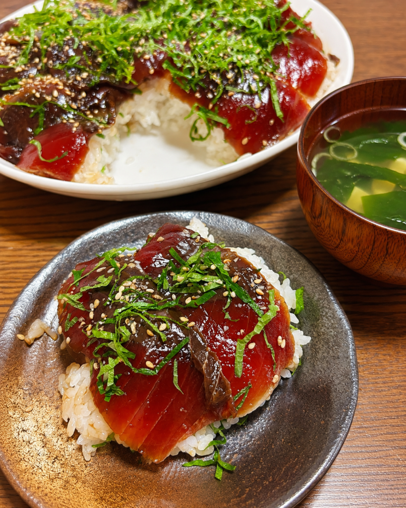 カツオの漬け丼に大葉と白ごまをのせた完成写真