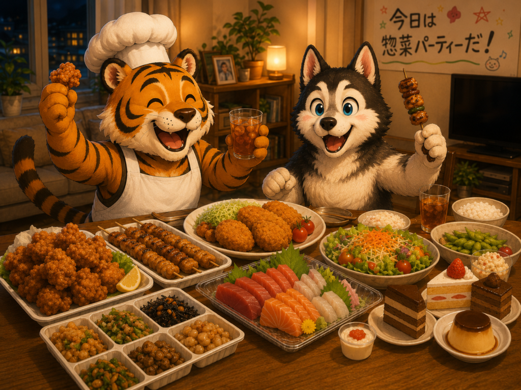週末のショッピングモールで買った惣菜でパーティする虎とハスキーのイラスト