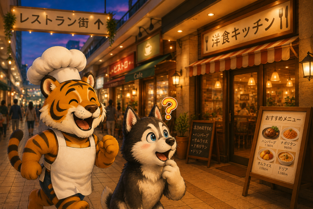 週末のショッピングモール帰りにレストラン街の前で迷う虎とハスキーのイラスト