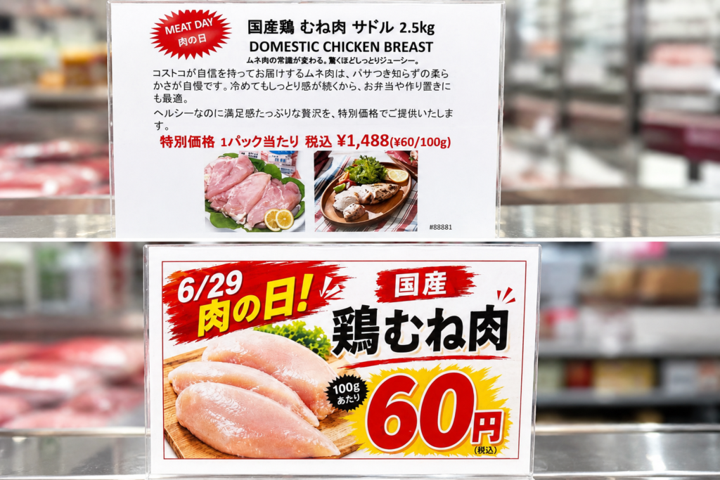 コストコ肉の日の国産鶏むね肉100g60円の価格POP