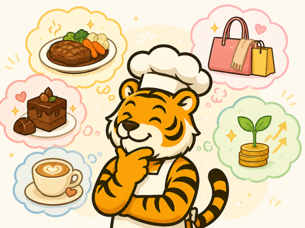 満足度の高いお金の使い方を考えるトラのイラスト