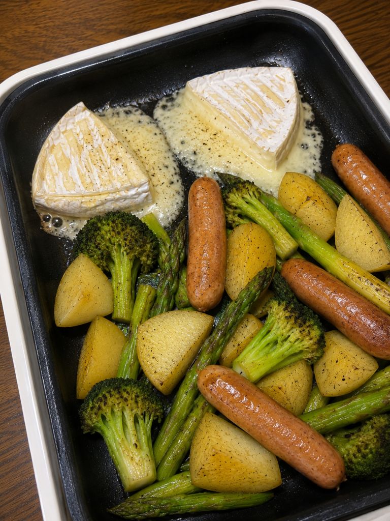 ホットプレートで溶かしたブリーチーズに野菜やソーセージを絡める食べ方