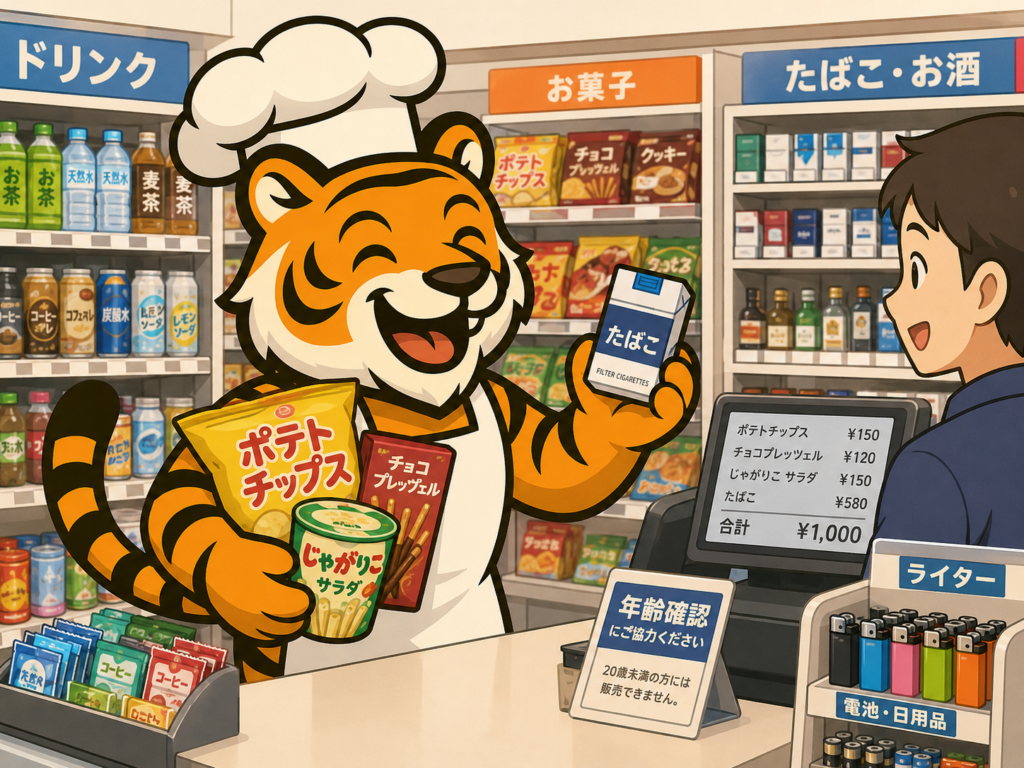 コンビニでお菓子とタバコを買うトラのイラスト