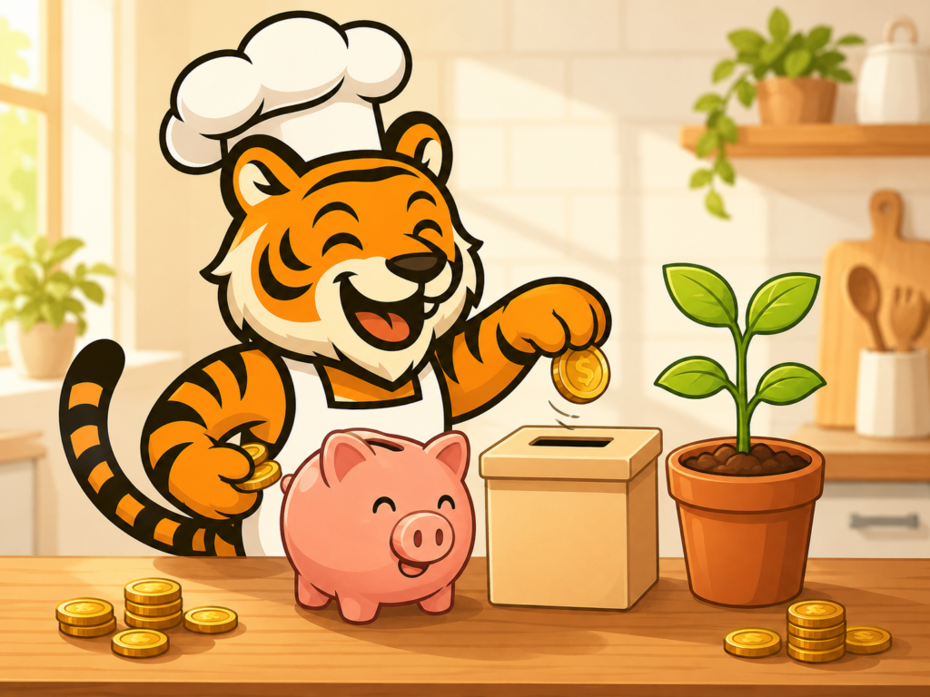 コストコで節約して浮いたお金を未来の資産形成につなげる虎キャラクターのイラスト