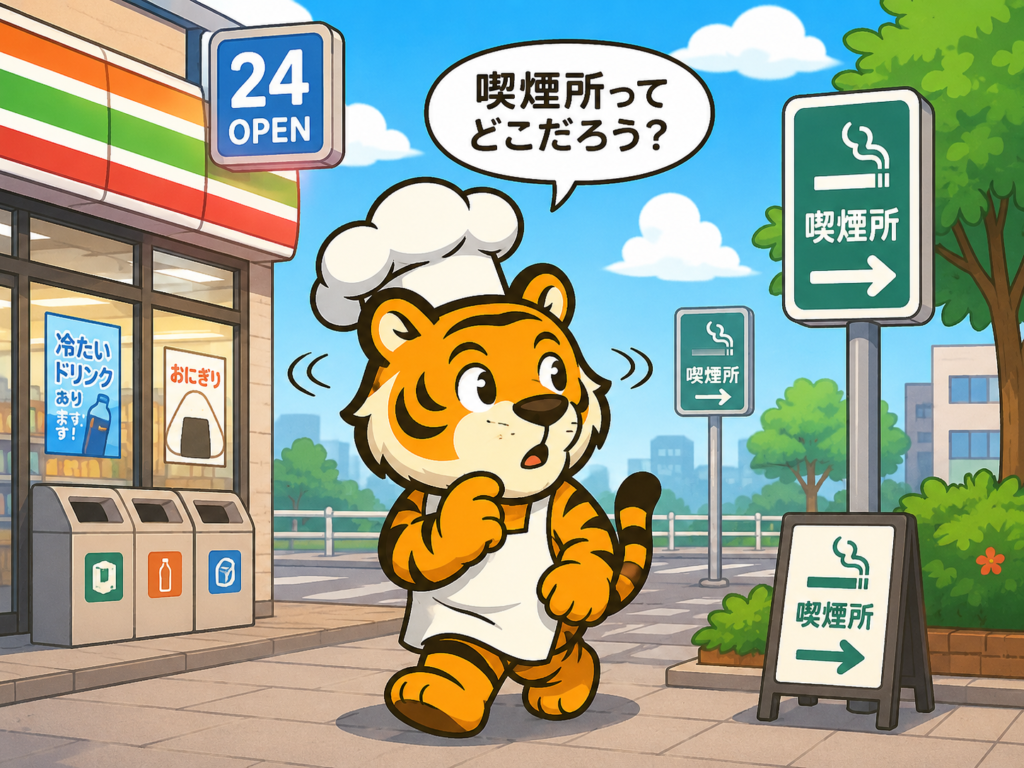 喫煙所を探してキョロキョロするトラのイラスト