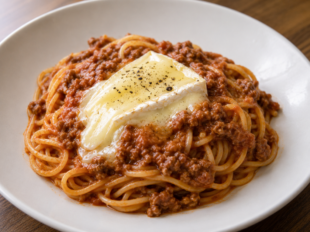 ミートソースパスタに薄く切ったブリーチーズをのせたアレンジ