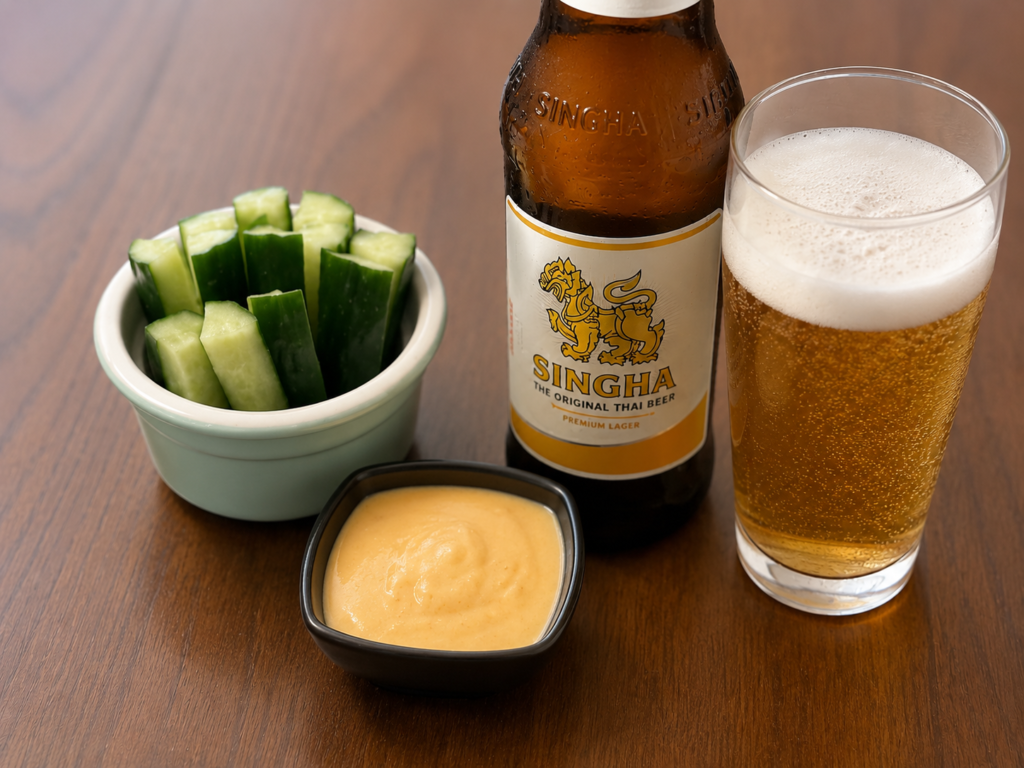 きゅうりスティックとバーニャカウダーソース、シンハービール