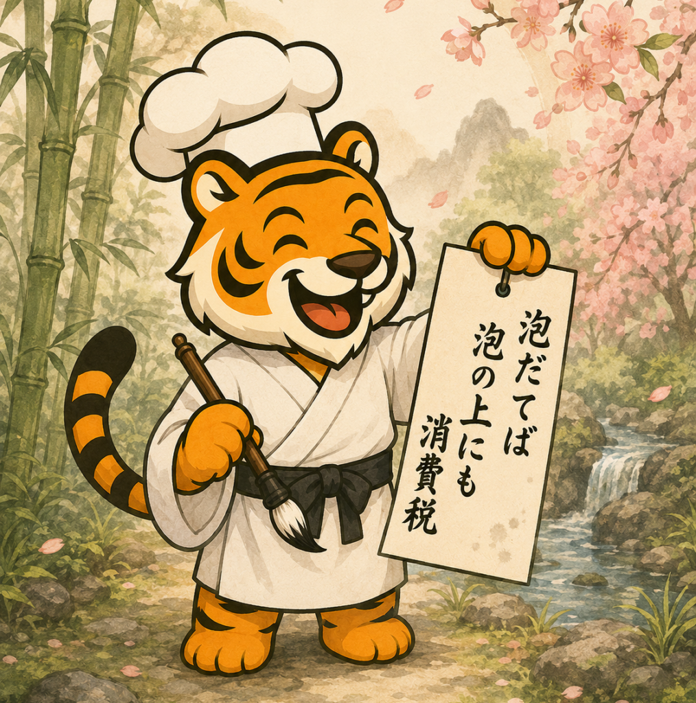 泡立てば泡の上にも消費税という川柳を持つコック虎の画像