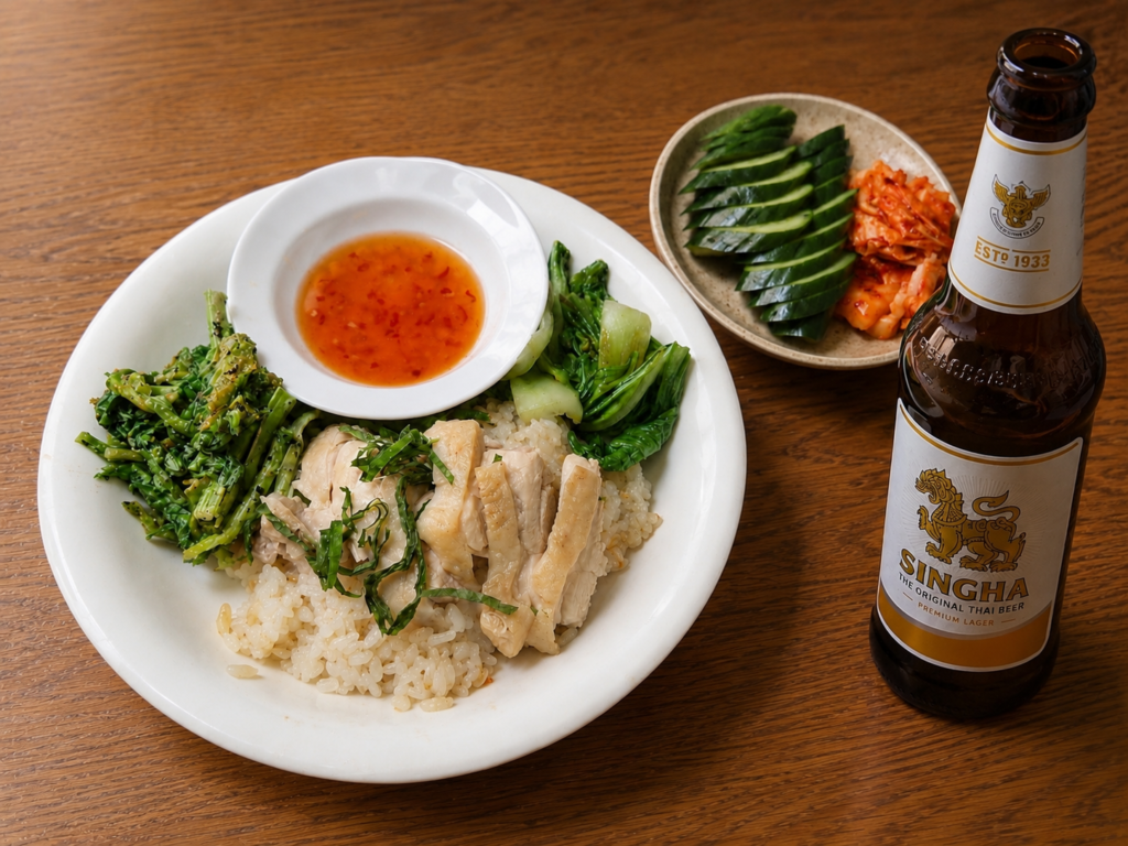 青じそをのせたカオマンガイ風ごはんとシンハービールの家飲みプレート