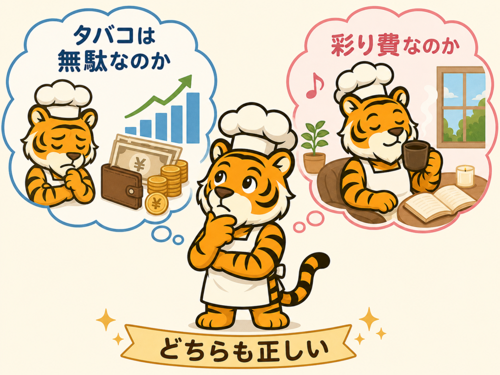 タバコ代は無駄なのか彩り費なのか考えるトラのイラスト