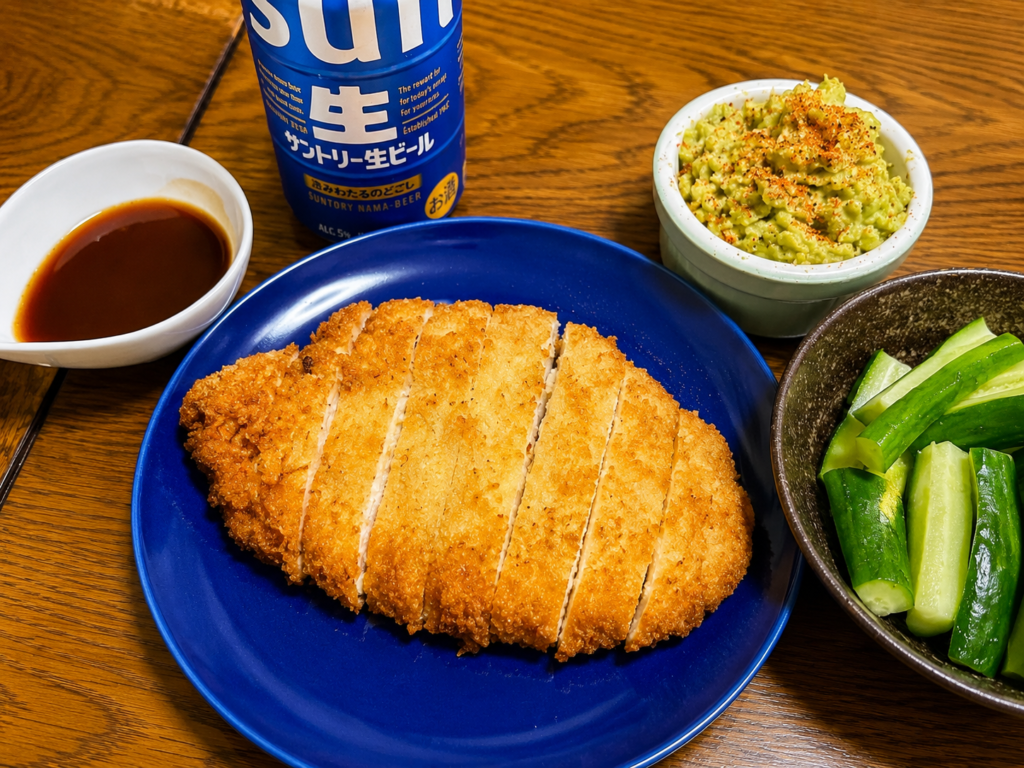 コストコ鶏むね肉のチキンカツに白味噌アボカドディップを添えた家飲みメニュー