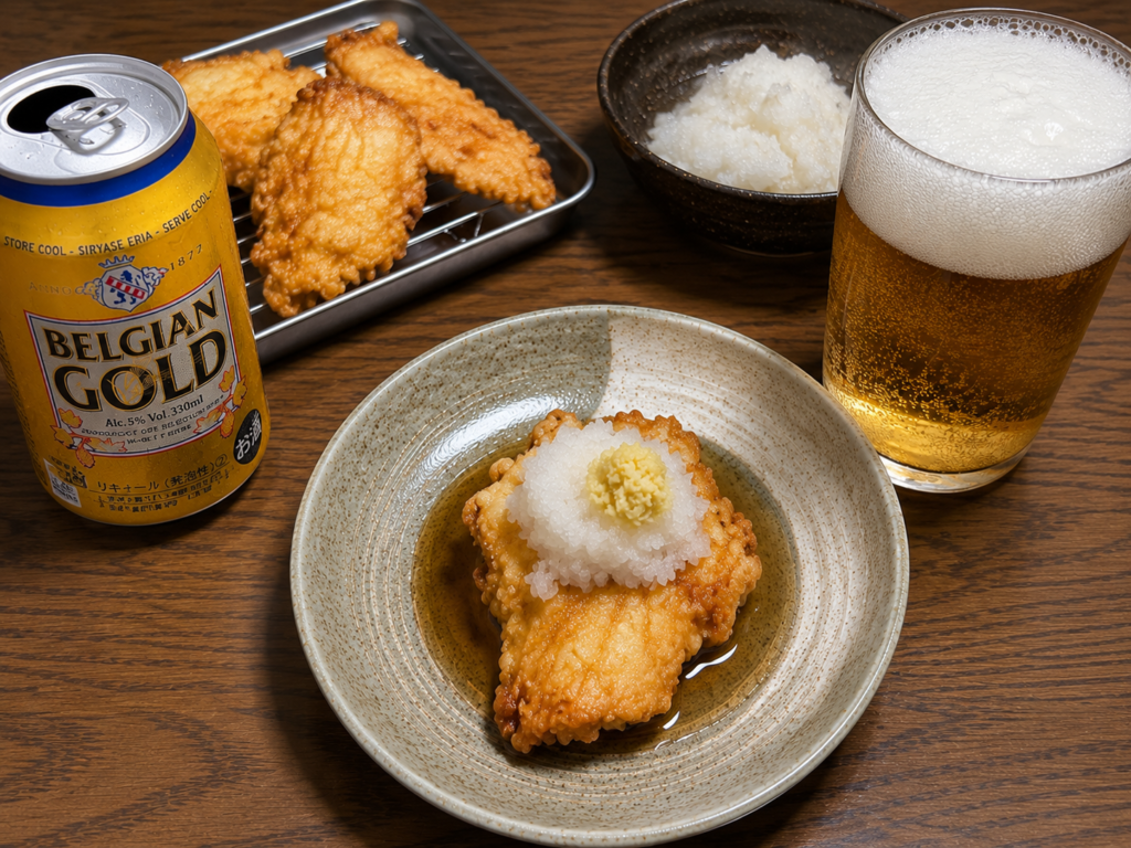 ベルジャンゴールドとコストコ鶏むね肉のとり天の家飲みセット