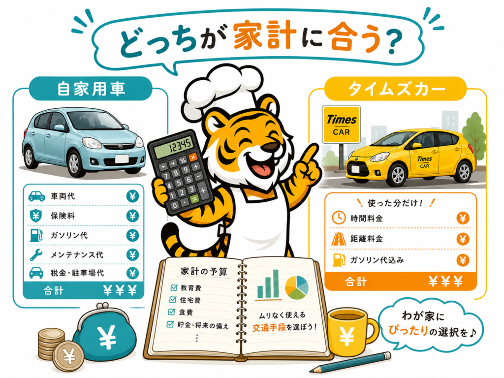 車の所有コストとタイムズカーの利用料金を電卓で計算し、家計に合う移動手段を考えるイメージ画像