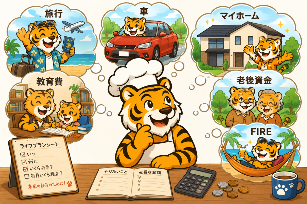 ライフプランシートで将来必要なお金を整理するイメージイラスト(旅行・車・マイホーム・教育費・老後資金・FIRE)