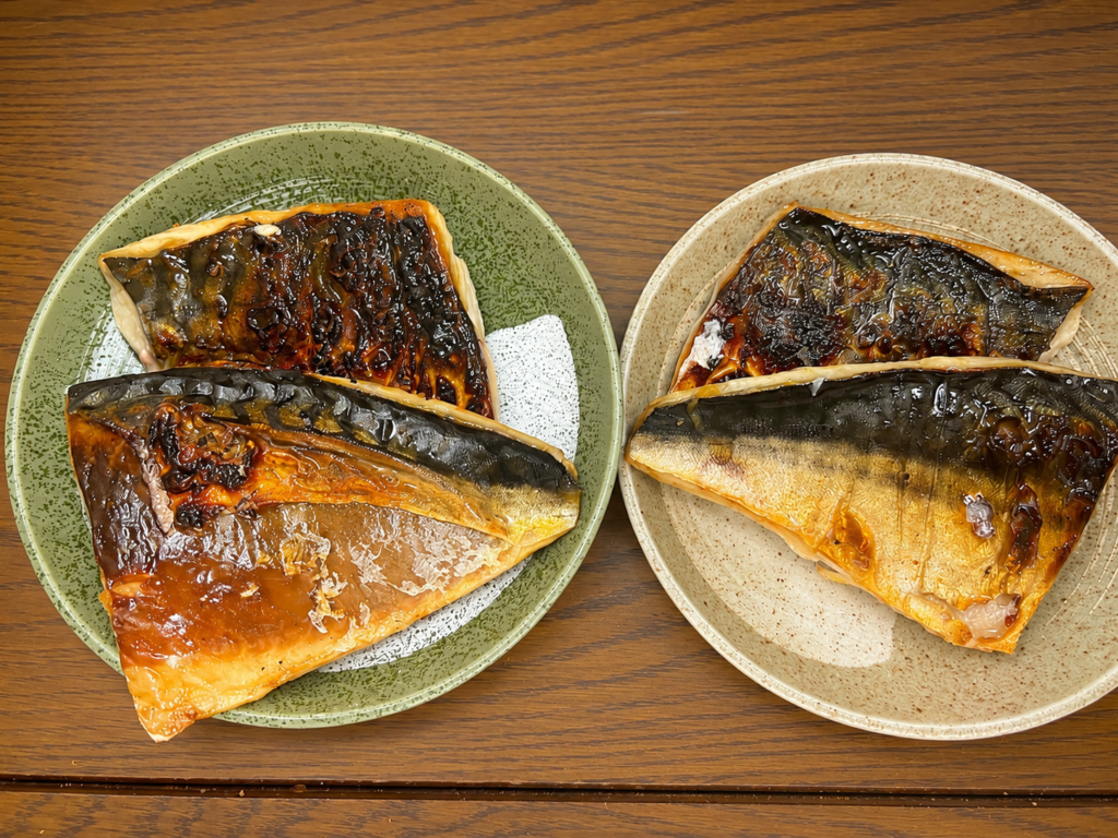 コストコ塩サバを冷凍のまま焼いたものと解凍して焼いたものの焼き色比較