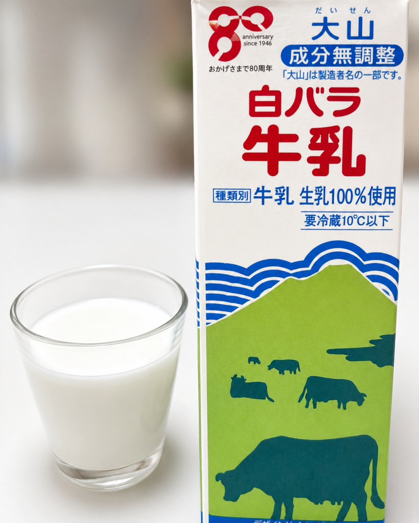 グラスに注いで味を確認した白バラ牛乳