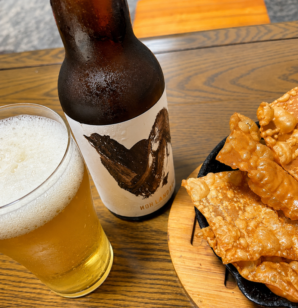 NOH LAND BEER RICE LAGERと砂肝唐揚げ・揚げワンタン