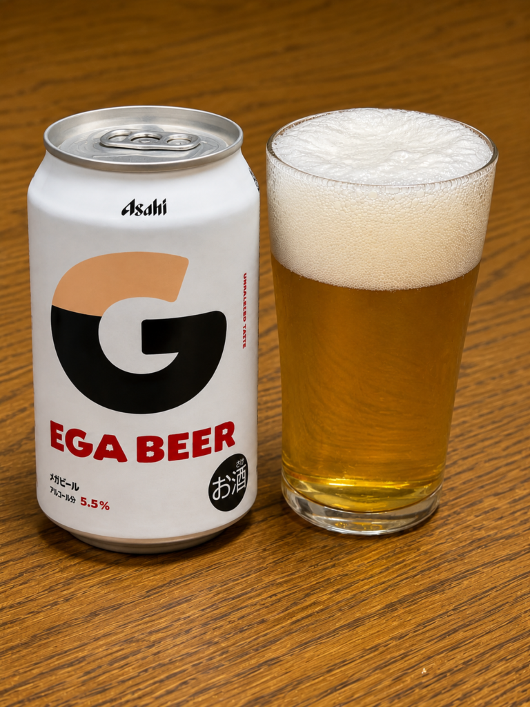 アサヒ EGA BEERとグラスに注いだビール