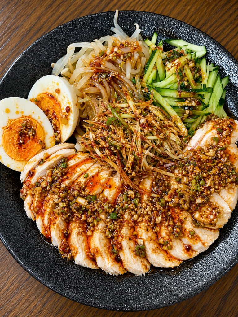 コストコ鶏むね肉で作った棒棒鶏と野菜を盛り付けた完成写真