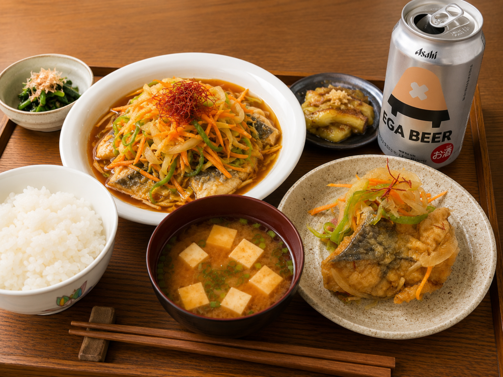 塩さばの南蛮漬けをご飯と味噌汁で食べる和食献立