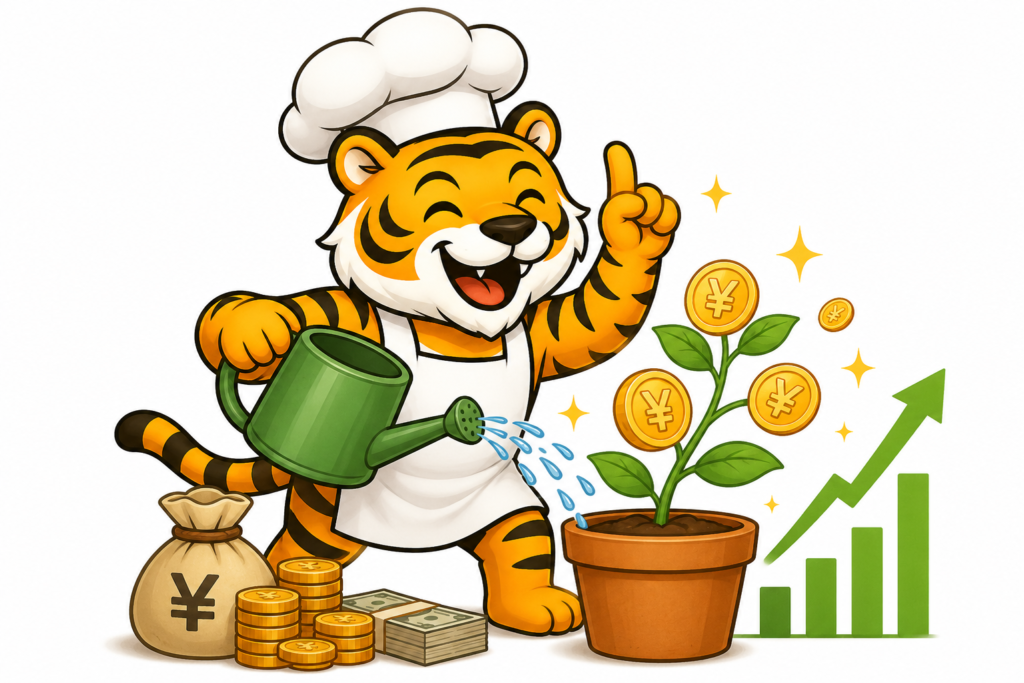 コインが実る木を育てながら、お金を増やすイメージを表現した料理人トラのイラスト