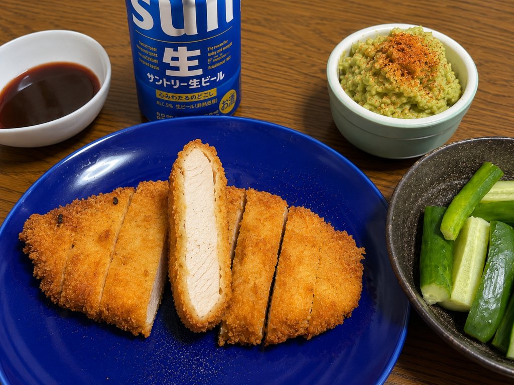 コストコ鶏むね肉のチキンカツと白味噌アボカドディップをサントリー生ビールで楽しむ家飲みメニュー