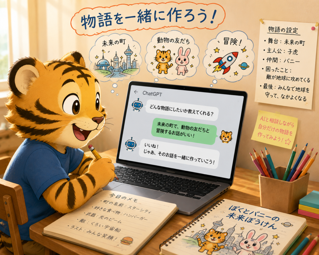 ChatGPTを使って夏休みの自由研究でオリジナル物語を作るイメージ