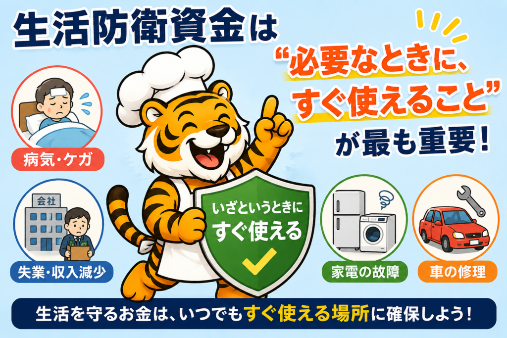 生活防衛資金の必要額や置き場所、普通預金の目安を解説するイラスト