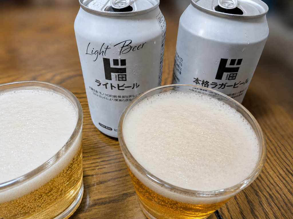 ドンキのライトビールと本格ラガービールをグラスに注いだ実飲写真