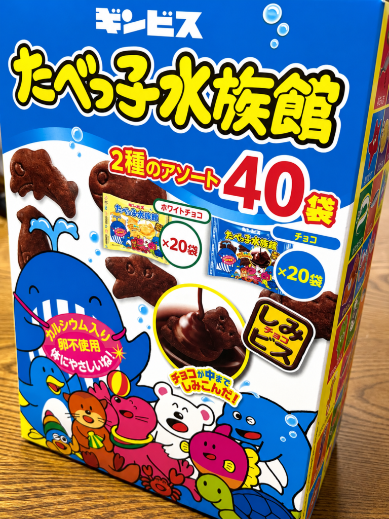 たべっ子水族館40袋入りの箱を斜めから撮影したパッケージ