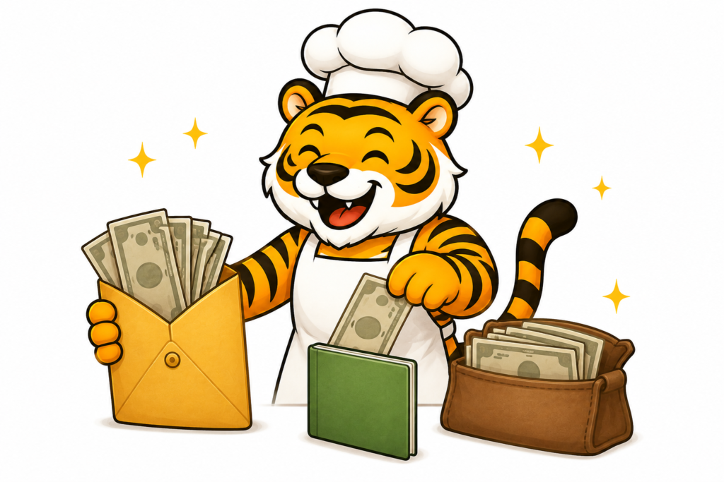 給料袋のお金から貯蓄分を緑の通帳へ先に移し、残りを生活用の財布に分ける虎のイラスト