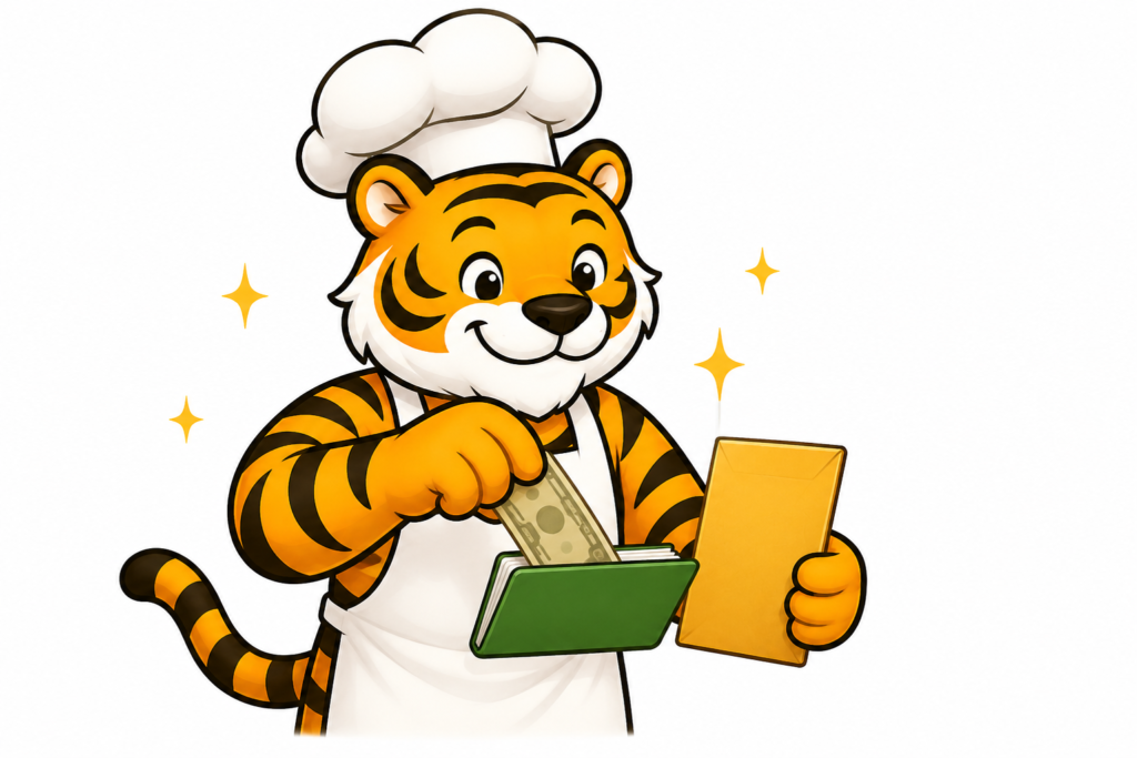 給料袋から緑の通帳へお金を移す、先取り貯蓄を表した虎のイラスト