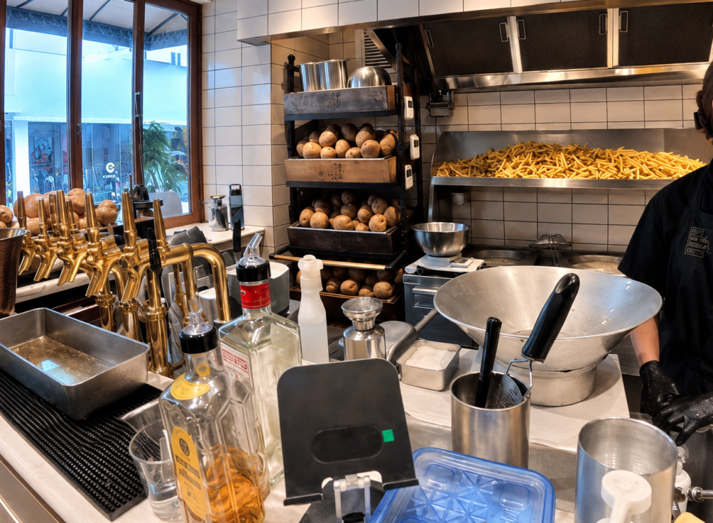 DE FRITES STAAN HARAJUKUのオープンキッチンと調理風景