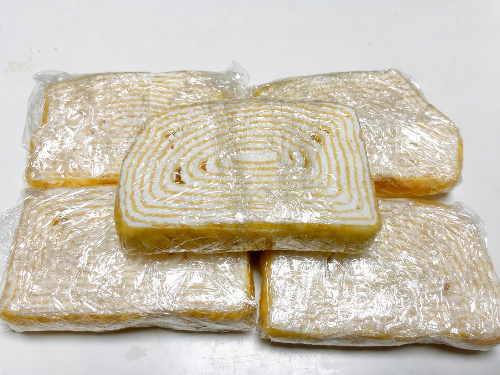 冷凍保存するため1切れずつラップで包んだミルクレープロール