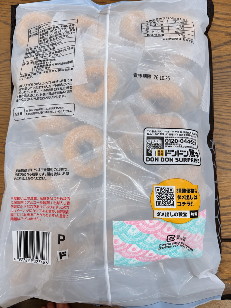 お徳用ミニドーナツの原材料や栄養成分が記載されたパッケージ裏面