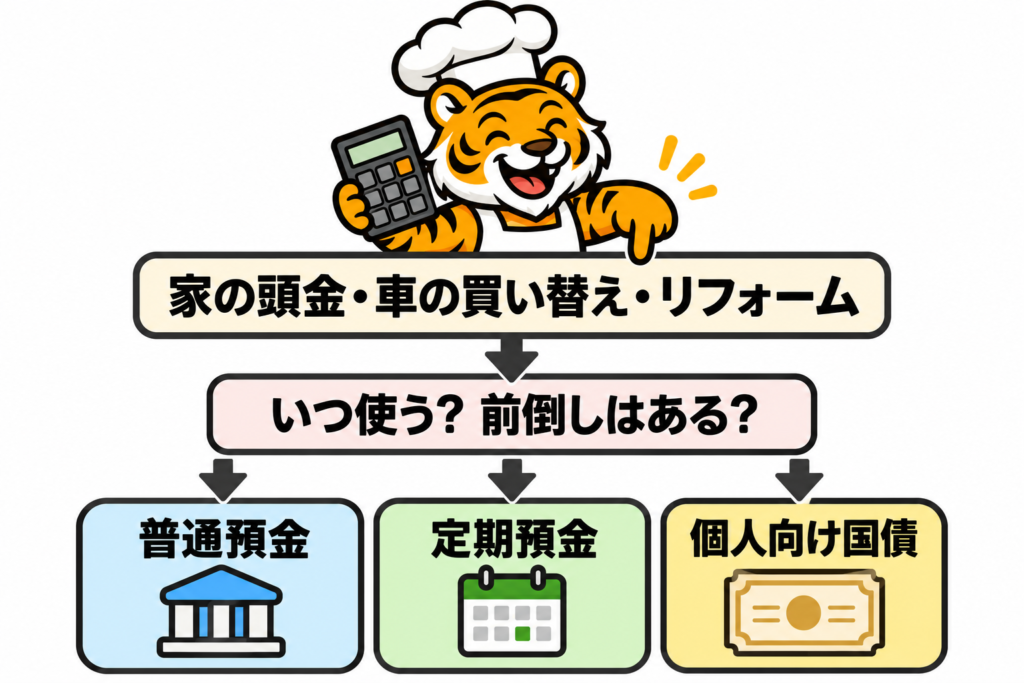 家の頭金・車の買い替え・リフォーム費用を、普通預金・定期預金・個人向け国債へ分ける考え方を示した図解