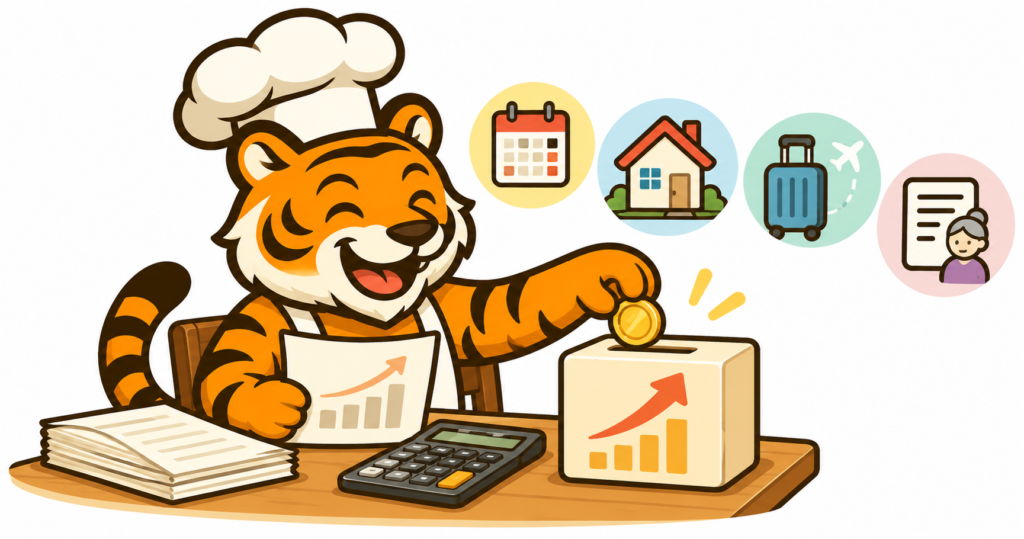 将来必要なお金を考え、先取り貯蓄をするコック帽の虎のイラスト