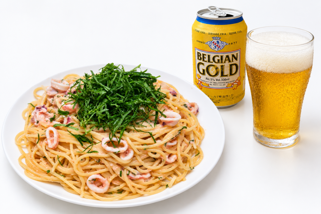 小ヤリイカ入りめんたいパスタをベルジャンゴールドと楽しむ家飲み