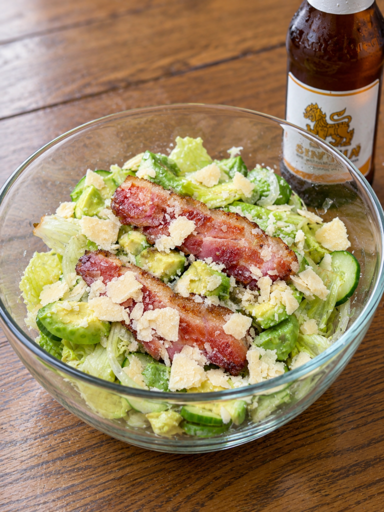厚切りベーコンとアボカドのご馳走サラダとシンハービール