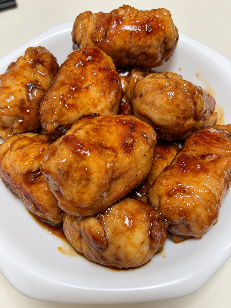 白い器に盛り付けた甘辛照り焼きの厚揚げ肉巻き