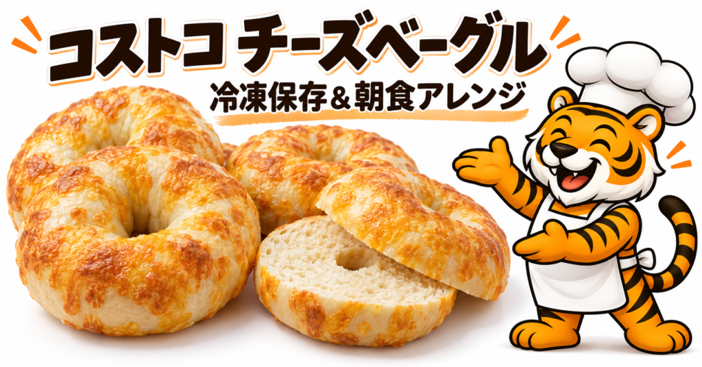 コストコのチーズベーグルと冷凍保存・朝食アレンジを紹介するコック虎のアイキャッチ