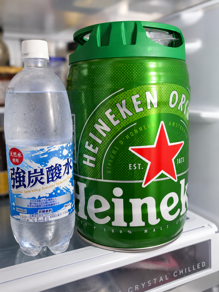 冷蔵庫内で1リットル炭酸水と並べたハイネケン5リットルケグのサイズ比較