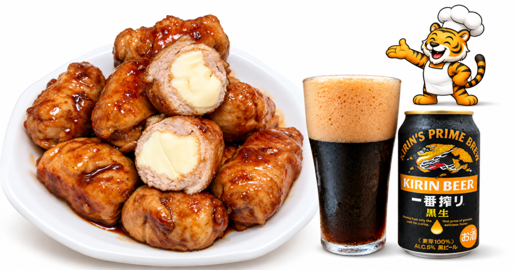 コストコ豚こま肉で作る厚揚げ肉巻きの甘辛照り焼きとキリン一番搾り黒生